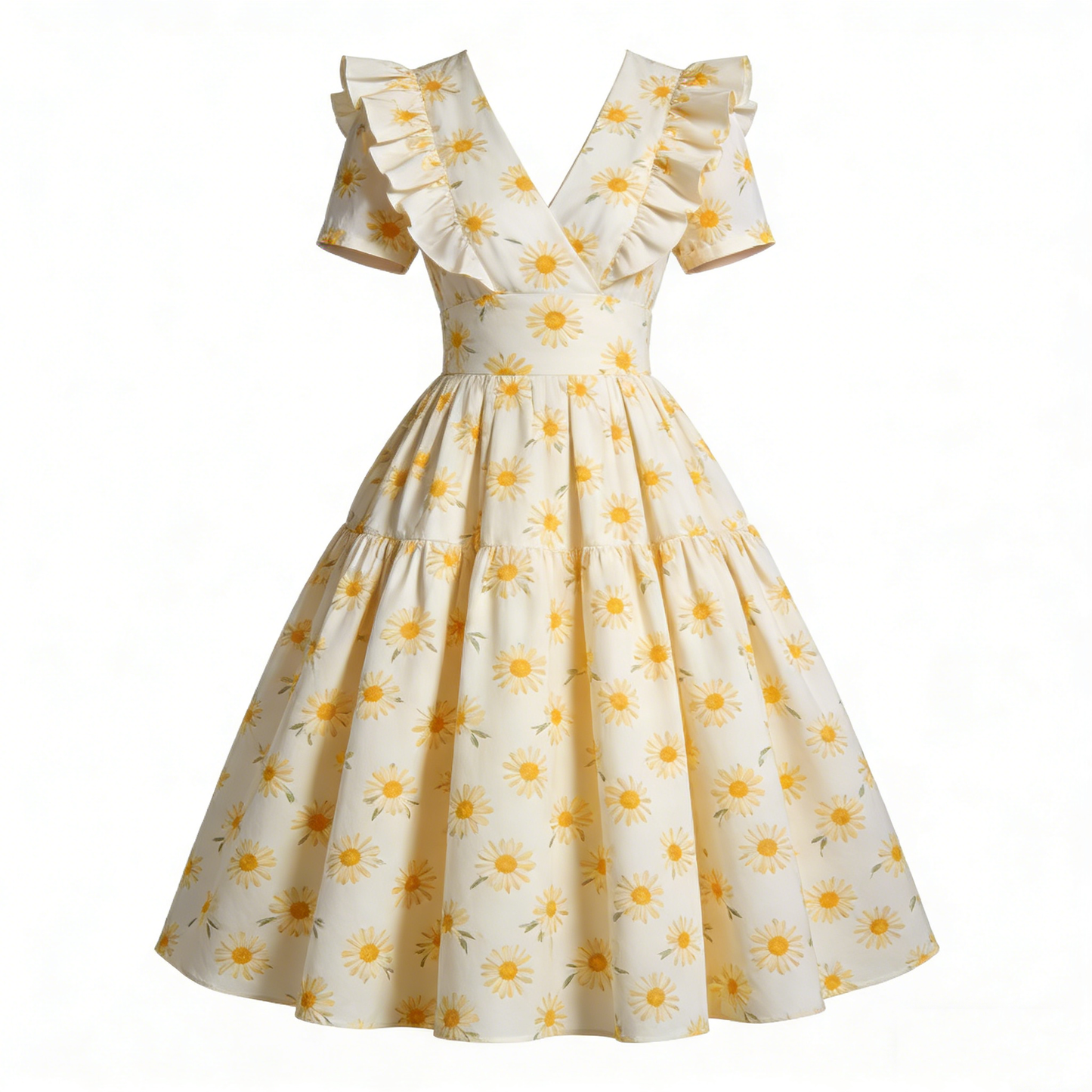 Cream Floral Ruffled V-Neck Tiered Dress