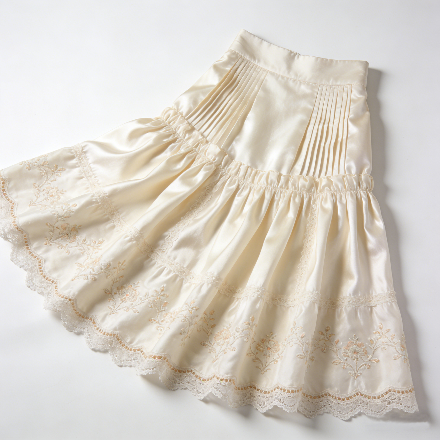 Floral Embroidery Lace Ruffle Midi Skirt