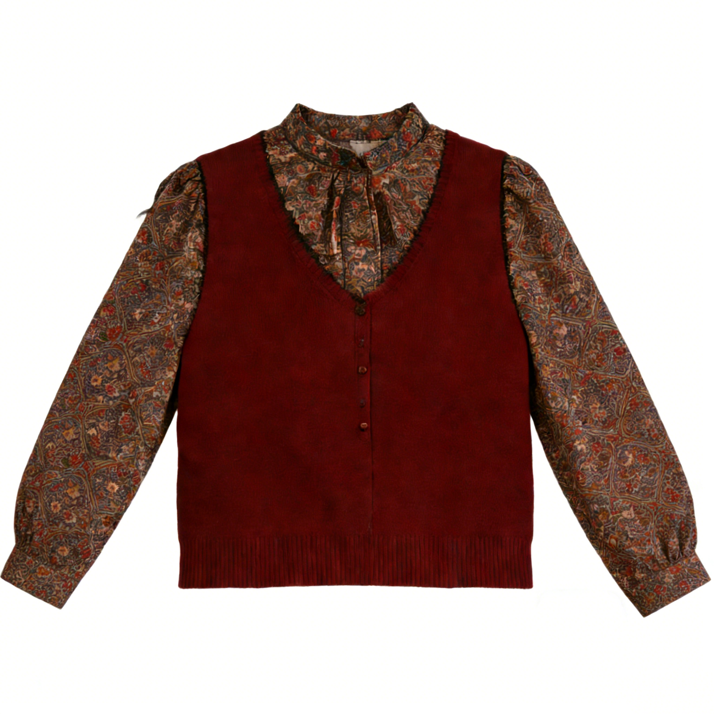 Burgundy Knit Vest & Vintage Floral Blouse Two-Piece