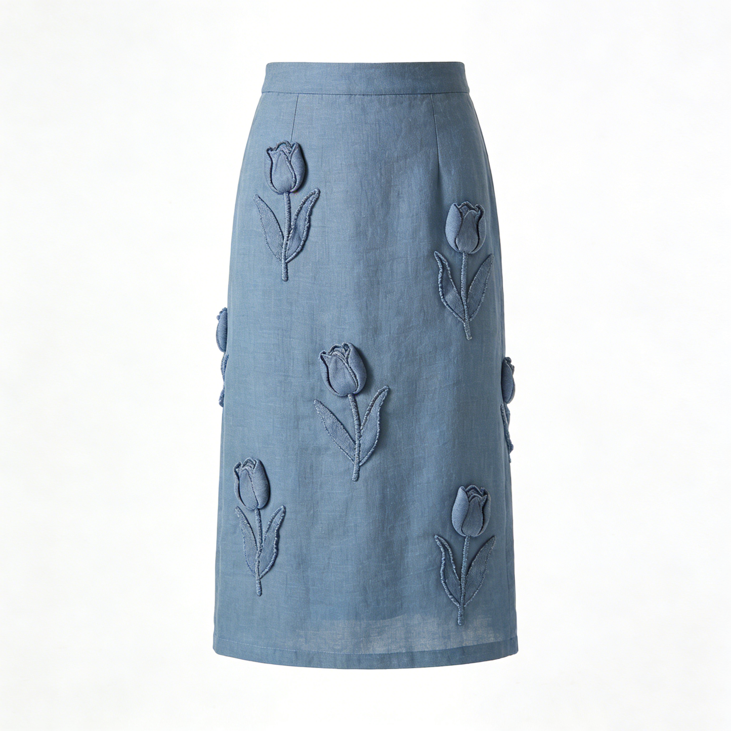 Blue Tulip Embroidery Midi Skirt