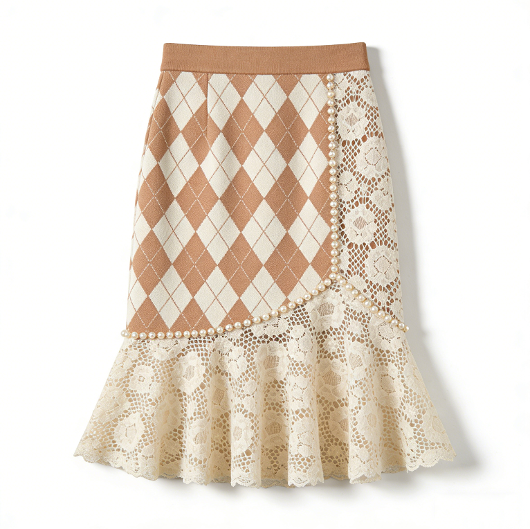 Brown Argyle Knit & Lace Skirt