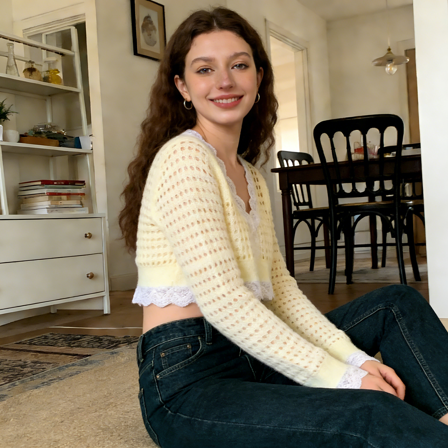 Yellow Mesh Knit Crop Cardigan