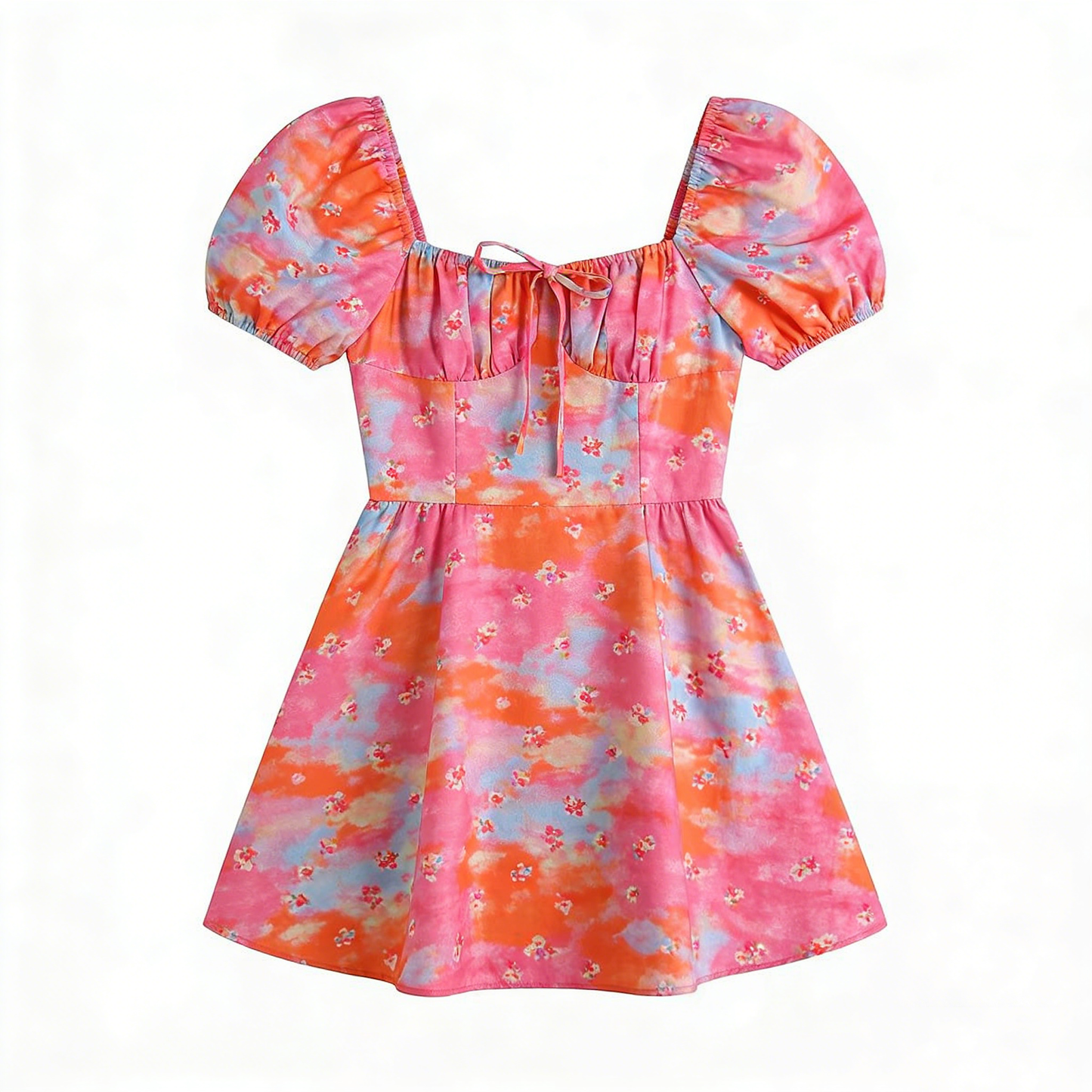 Vacation Style Pink Orange Tie-Dye Floral Dress