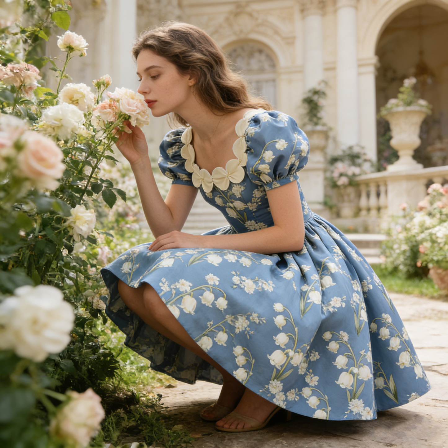 Blue Lily of the Valley Print Scalloped Neck Dress
