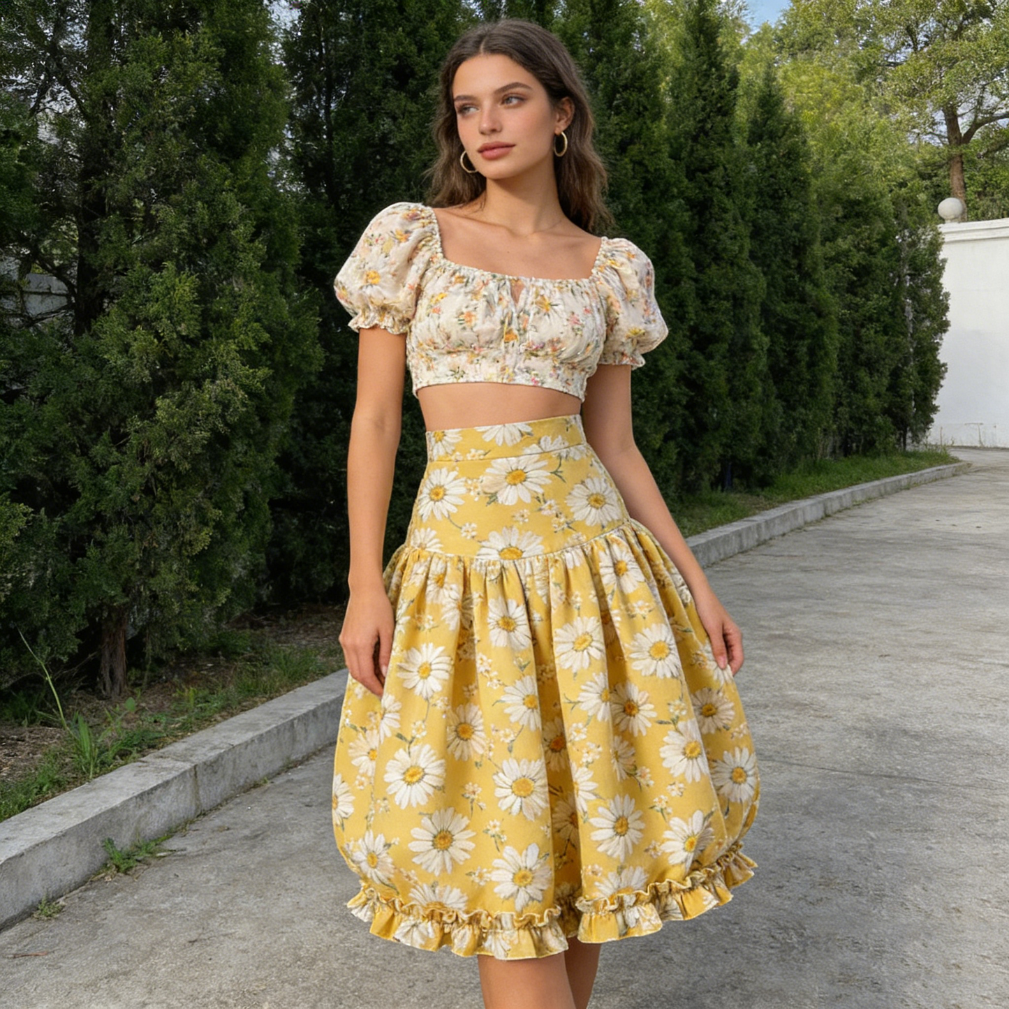 Yellow Daisy Ruffled Midi Skirt