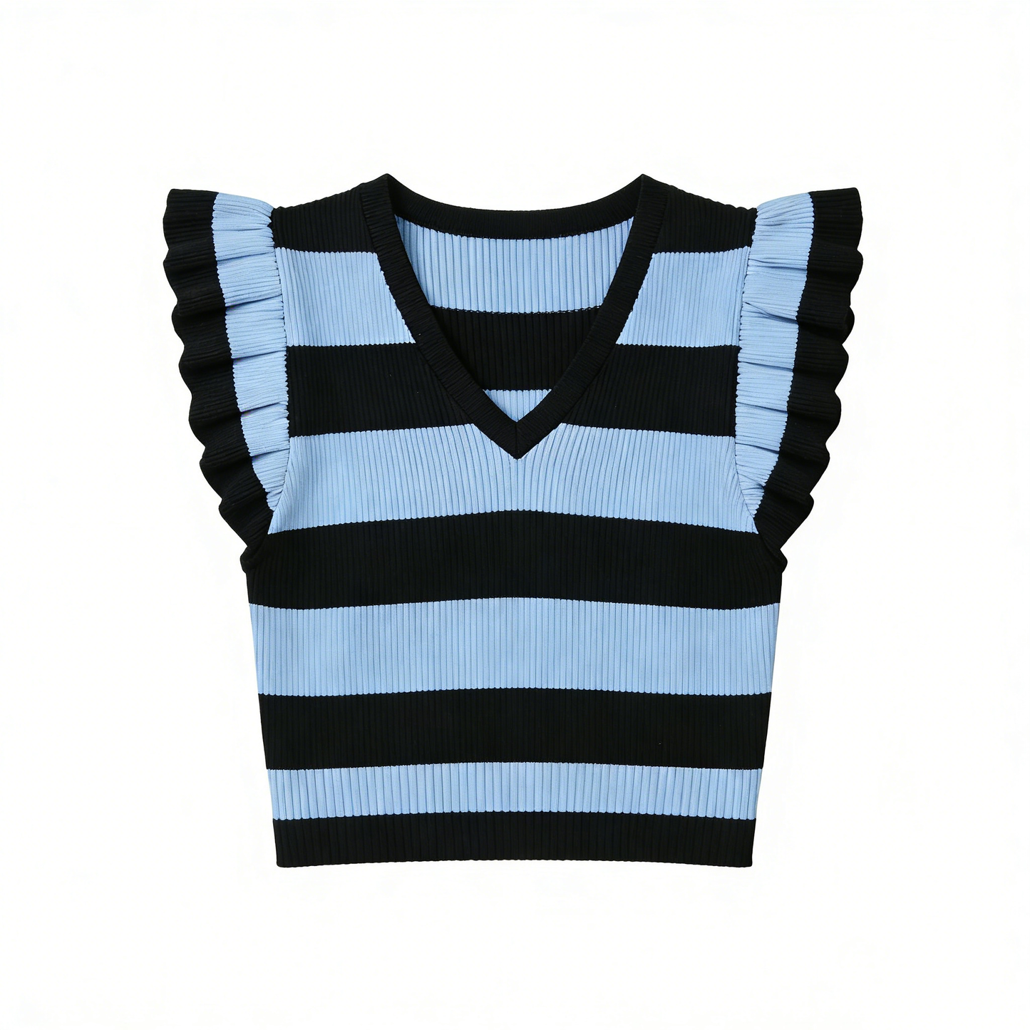 Retro Striped Ruffle Sleeve Cropped Knit Blouse