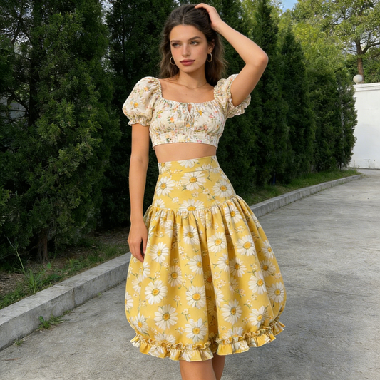 Yellow Daisy Ruffled Midi Skirt