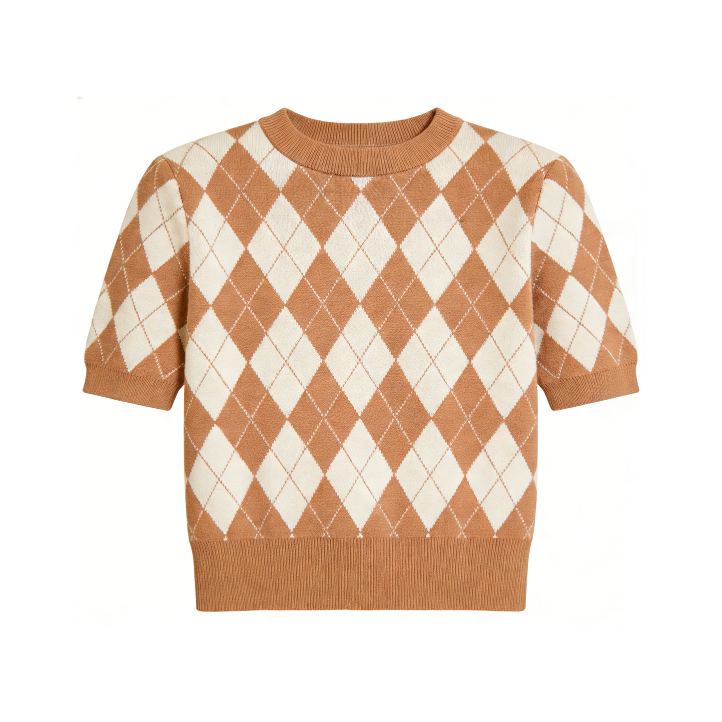 Brown & White Argyle Knit Short Sleeve Top