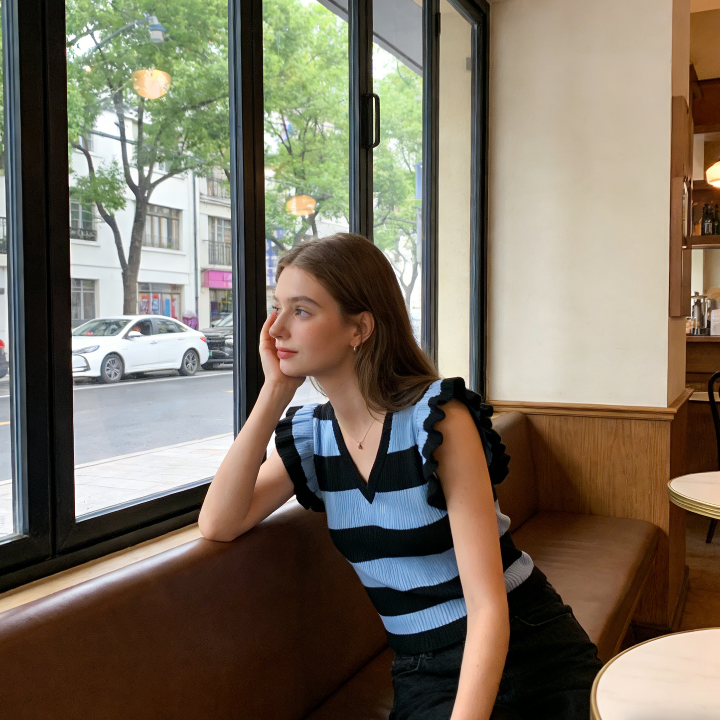 Retro Striped Ruffle Sleeve Cropped Knit Blouse