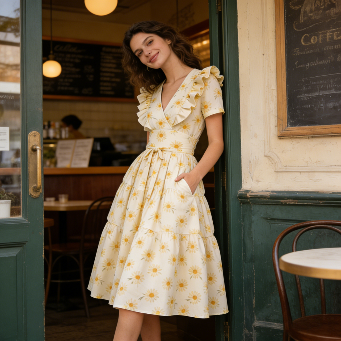 Cream Floral Ruffled V-Neck Tiered Dress