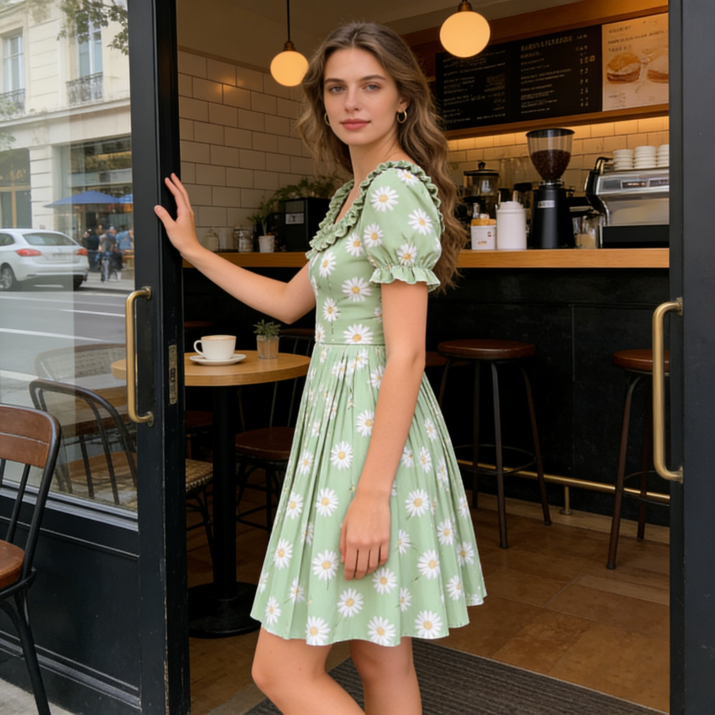 Lightweight Green Daisy Print Dress