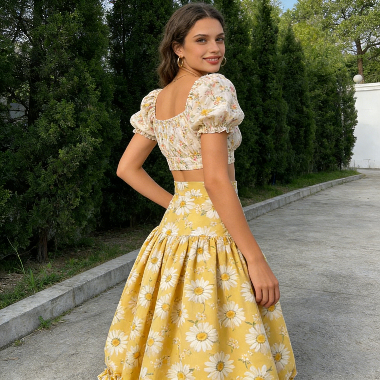 Yellow Daisy Ruffled Midi Skirt
