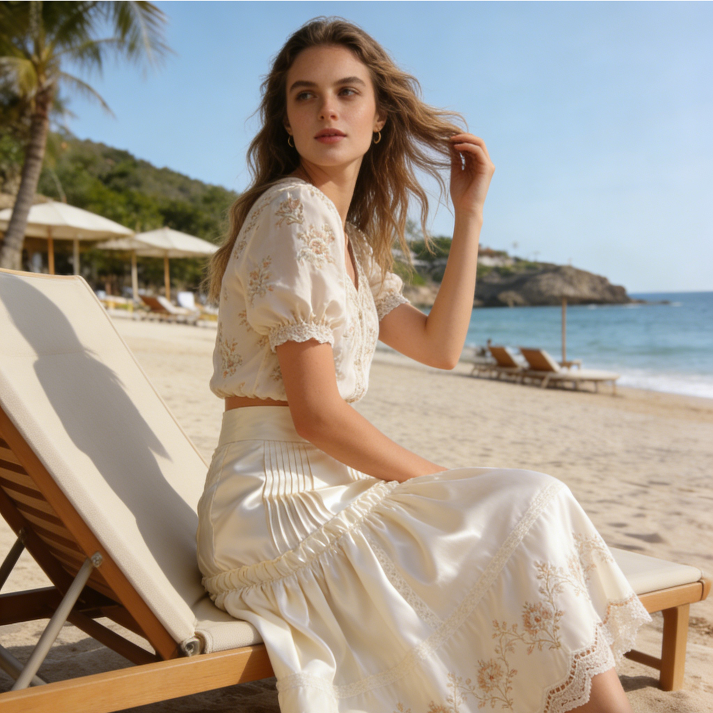 Floral Embroidery Lace Ruffle Midi Skirt