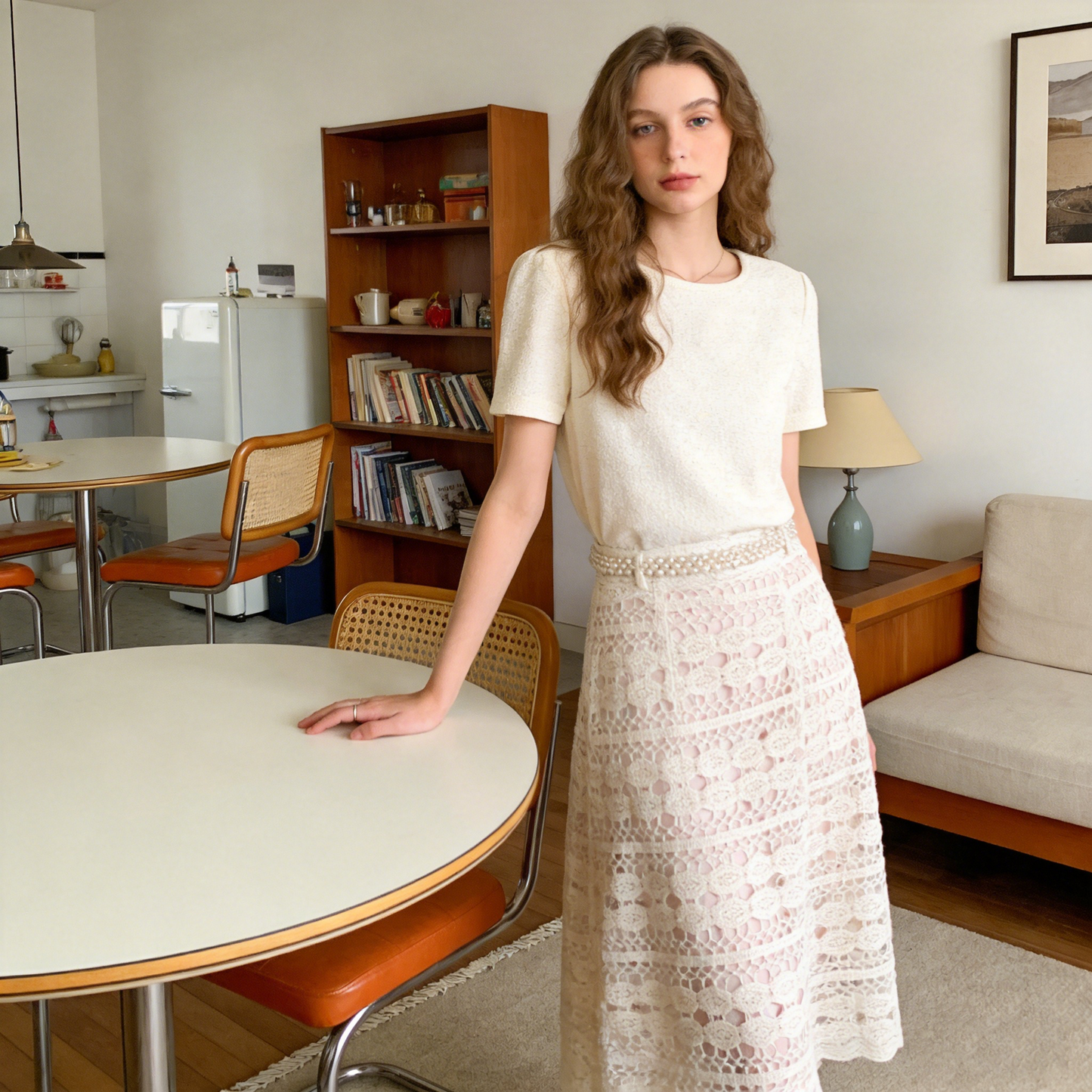 Cream Crochet Lace Midi Skirt