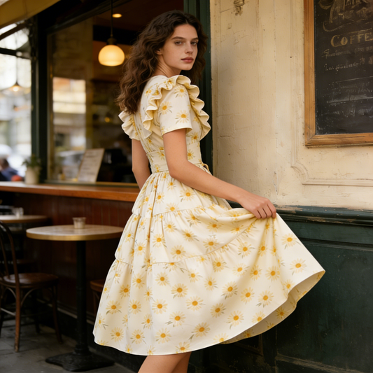 Cream Floral Ruffled V-Neck Tiered Dress