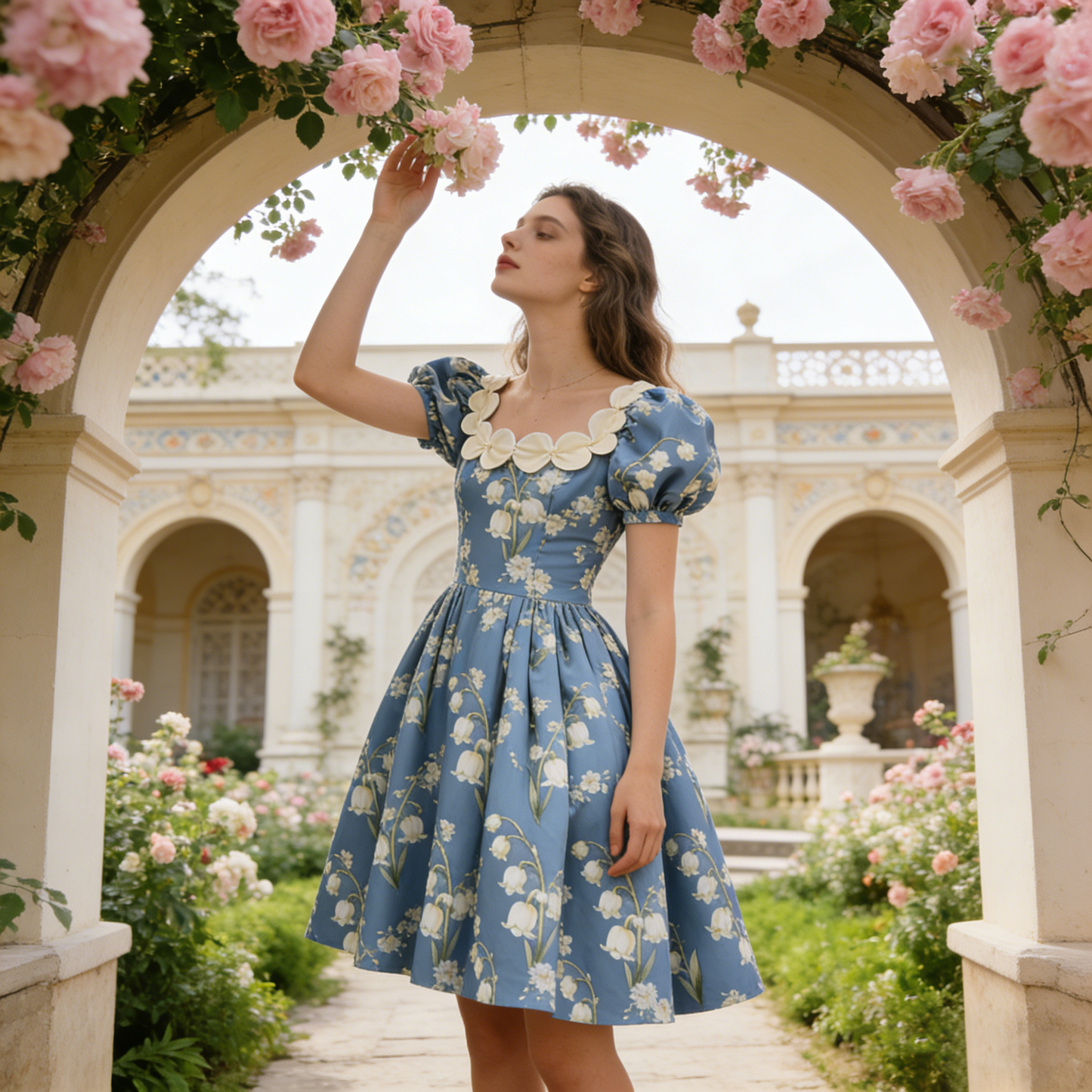 Blue Lily of the Valley Print Scalloped Neck Dress
