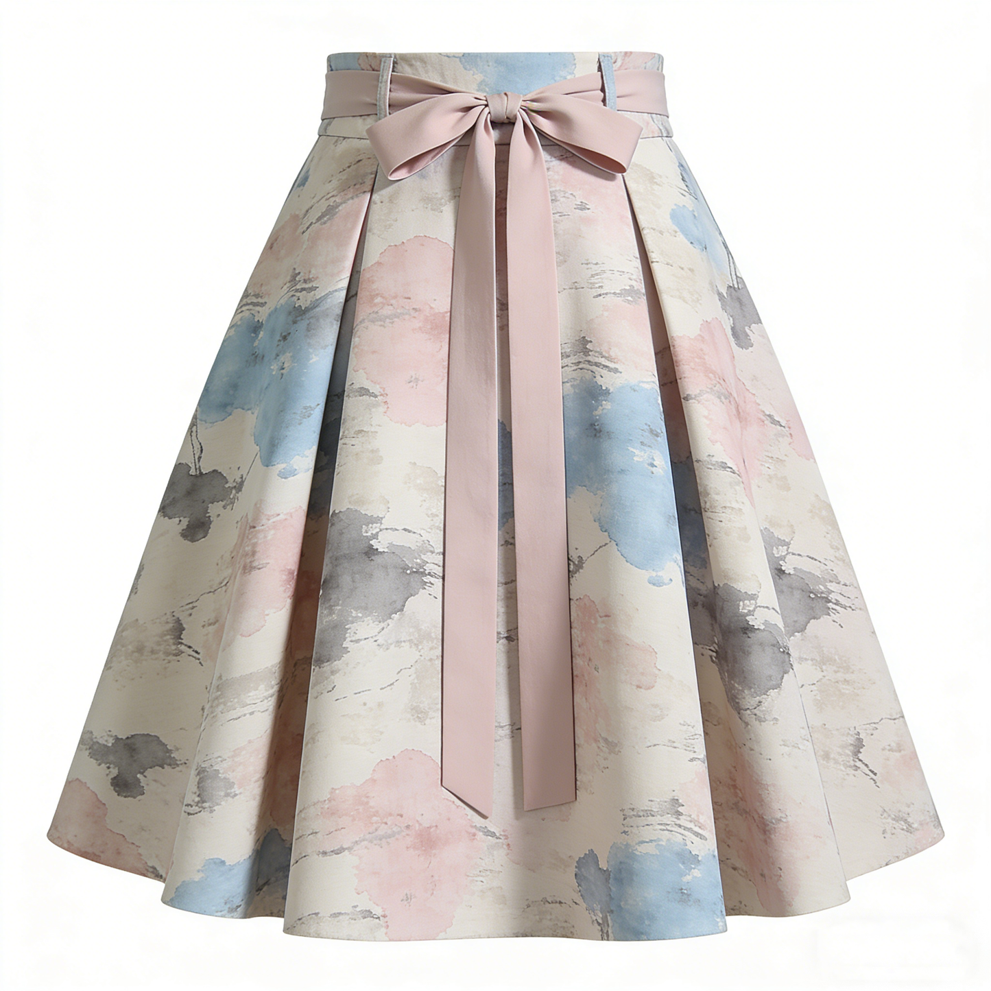 Pink & Blue Watercolor Print Flared Midi Skirt