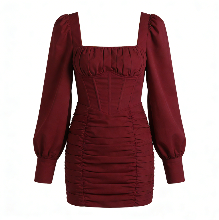 Square Neck Red Fitted Dress